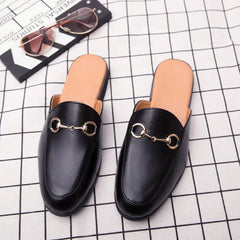 New Casual Men's Shoes Large Size 45 Fashionable British Style Slip-On Lazy Half Slippers Breathable PU Leather Comfortable
