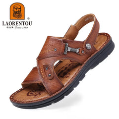 LAORENTOU leather male sandals casual beach shoes wear non-slip sandals and sliers cowhide