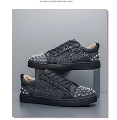 Trend Men Leather Casual Shoes Punk Style Rivet Flat Skate Shoes Young Man Street Black Sneaker