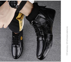 CLOHOO Men's Wear-resistant Boots Casual Classic Genuine Leather Handmade Shoes Ankle Round Toe Lace Up Walking Business Boot