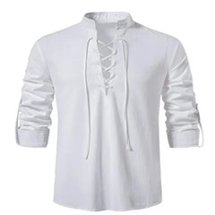 2022 New Men's V-neck shirt T-shirt Fashion Vintage Thin Long Sleeve Top men Casual Breathable  Front Lace Up man Shirts