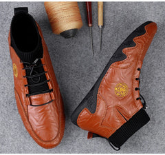 CLOHOO Men's Wear-resistant Boots Casual Classic Genuine Leather Handmade Shoes Ankle Round Toe Lace Up Walking Business Boot