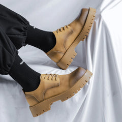 Men Korea Leather Platform Oxfords Slip On Thick Tottom For Male Derby Shoes Casual Loafers Mens Square Toe Formal Dress Shoes