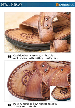 LAORENTOU leather male sandals casual beach shoes wear non-slip sandals and sliers cowhide