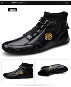 CLOHOO Men's Wear-resistant Boots Casual Classic Genuine Leather Handmade Shoes Ankle Round Toe Lace Up Walking Business Boot