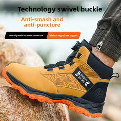 Waterproof Steel Toe Work Shoes Anti Crush Slip Resistant with Rotating Buckle No Tie Cross-Border Labor Protection Shoes