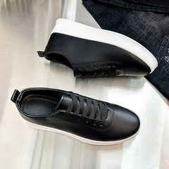 Fashion Thick Sole Black White Soft Men Leather Shoes Platform Men Casual Board Shoes Walking Sport Shoes Lightweight Work Shoes