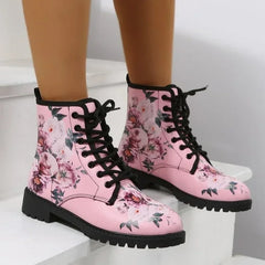 Comemore Spring 2025 Boots Leather Toe Lace-up Mid-tube Flat Pink Leather Boots Fashion Women's Low Heel Boot Shoes Plus Size 46