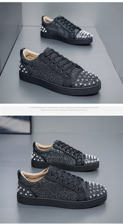 Trend Men Leather Casual Shoes Punk Style Rivet Flat Skate Shoes Young Man Street Black Sneaker