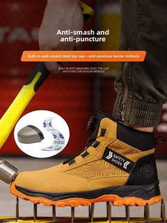 Waterproof Steel Toe Work Shoes Anti Crush Slip Resistant with Rotating Buckle No Tie Cross-Border Labor Protection Shoes