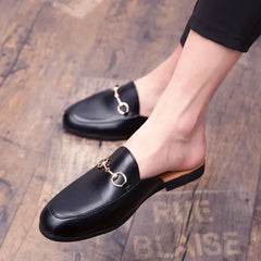 New Casual Men's Shoes Large Size 45 Fashionable British Style Slip-On Lazy Half Slippers Breathable PU Leather Comfortable