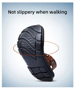 LAORENTOU leather male sandals casual beach shoes wear non-slip sandals and sliers cowhide