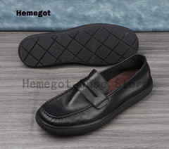 Black Leather Loafers Men Shoes Summer Soft Leather Men's Shoes Cowhide Breathable Single Shoes Handmade Casual Leather Shoes