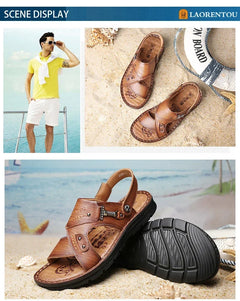 LAORENTOU leather male sandals casual beach shoes wear non-slip sandals and sliers cowhide