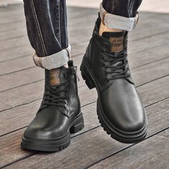 Men's Black Leather Boots Side Zipper Lace-Up Ankle Boots Non-Slip Platform Combat Boots for Casual Work Outdoor Big Size 49 50