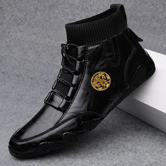 CLOHOO Men's Wear-resistant Boots Casual Classic Genuine Leather Handmade Shoes Ankle Round Toe Lace Up Walking Business Boot