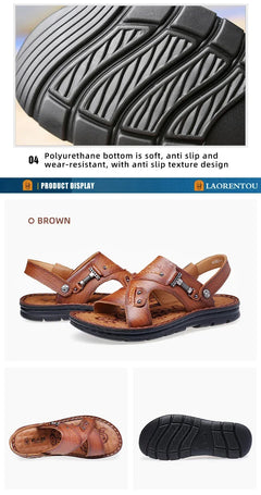 LAORENTOU leather male sandals casual beach shoes wear non-slip sandals and sliers cowhide