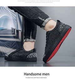 Trend Men Leather Casual Shoes Punk Style Rivet Flat Skate Shoes Young Man Street Black Sneaker