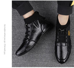 CLOHOO Men's Wear-resistant Boots Casual Classic Genuine Leather Handmade Shoes Ankle Round Toe Lace Up Walking Business Boot