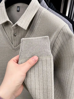 Mens Sweater Polo Collar Label Patchwork Stripes Plush Wool Liner Knitted Thickened Sweater Brand Luxury Print Thermo Menswear