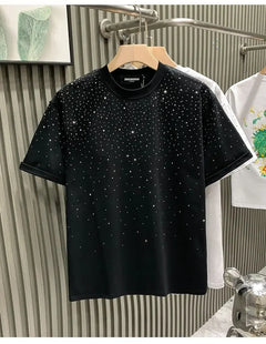 Summer Rhinestone Rivet T-shirt for Men Clothing Round Neck Casual T-shirt Fashion High Street 2024 Men's Summer Short Sleeves