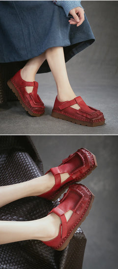 Johnature 2026 Spring New Square Toe Thick Soled Comfortable Commuter Women's Shoes Retro Genuine Leather Flats