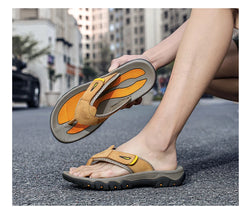Cow Leather Outdoor Men Slippers Non-slip Wear-resistant Men's Flip Flops Summer Casual Shoes For Men Beach Sandals Plus Size