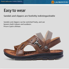LAORENTOU leather male sandals casual beach shoes wear non-slip sandals and sliers cowhide