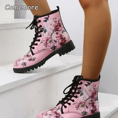 Comemore Spring 2025 Boots Leather Toe Lace-up Mid-tube Flat Pink Leather Boots Fashion Women's Low Heel Boot Shoes Plus Size 46