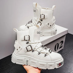 Fashion Rivet Black High top Sneakers Men Leather Design Luxury Shoes Street Gothic Punk Boots Men Motorcycle Boots Big Size 46