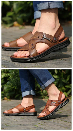 LAORENTOU leather male sandals casual beach shoes wear non-slip sandals and sliers cowhide