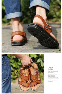 LAORENTOU leather male sandals casual beach shoes wear non-slip sandals and sliers cowhide
