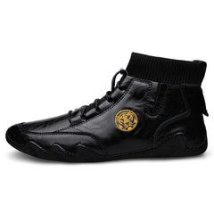 CLOHOO Men's Wear-resistant Boots Casual Classic Genuine Leather Handmade Shoes Ankle Round Toe Lace Up Walking Business Boot
