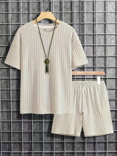 Men's new fashion summer sports solid color crew-neck vertical stripe T-shirt shorts short-sleeved suit Loose two-piece set