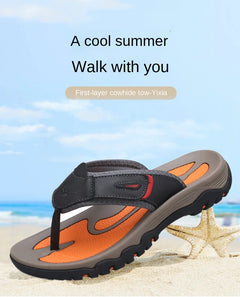 Cow Leather Outdoor Men Slippers Non-slip Wear-resistant Men's Flip Flops Summer Casual Shoes For Men Beach Sandals Plus Size