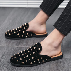 FashioNew Men Half Slippers Charm Punk rivet Loafers Casual Patent Leather Mules Moccasins Breathable Silver Black Driving Shoes