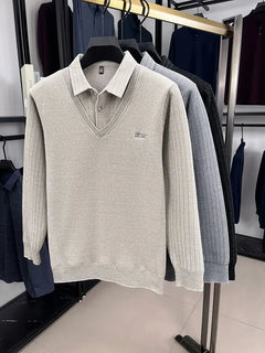 Mens Sweater Polo Collar Label Patchwork Stripes Plush Wool Liner Knitted Thickened Sweater Brand Luxury Print Thermo Menswear