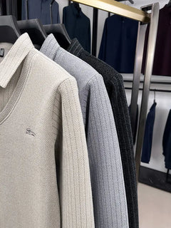 Mens Sweater Polo Collar Label Patchwork Stripes Plush Wool Liner Knitted Thickened Sweater Brand Luxury Print Thermo Menswear