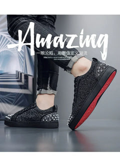 Trend Men Leather Casual Shoes Punk Style Rivet Flat Skate Shoes Young Man Street Black Sneaker