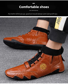 CLOHOO Men's Wear-resistant Boots Casual Classic Genuine Leather Handmade Shoes Ankle Round Toe Lace Up Walking Business Boot
