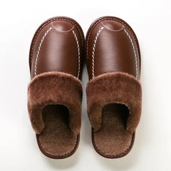 Men Winter Leather Slippers Bedroom Cotton Slippers Male Waterproof Thick Plus Velvet Indoor Warm House Home Slippers Shoes