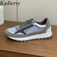 Casual New Sneakers Woman Round Toe Lace Up Outdoors Shoes Cow Suede Patchwork String Bead Comfort Flat Women's Sports Shoes