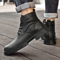 Men's Black Leather Boots Side Zipper Lace-Up Ankle Boots Non-Slip Platform Combat Boots for Casual Work Outdoor Big Size 49 50