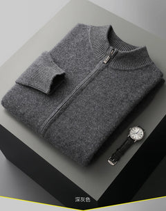 100% Merino Wool Men's Warm Sweater Mock Collar Thickened Zippered Cardigan Autumn Winter New Cashmere Knitted Long Sleeve Tops