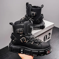 Fashion Rivet Black High top Sneakers Men Leather Design Luxury Shoes Street Gothic Punk Boots Men Motorcycle Boots Big Size 46