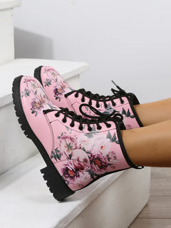 Comemore Spring 2025 Boots Leather Toe Lace-up Mid-tube Flat Pink Leather Boots Fashion Women's Low Heel Boot Shoes Plus Size 46