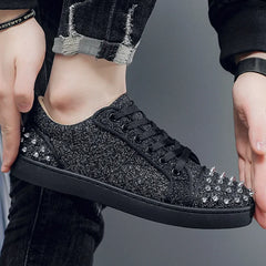 Trend Men Leather Casual Shoes Punk Style Rivet Flat Skate Shoes Young Man Street Black Sneaker