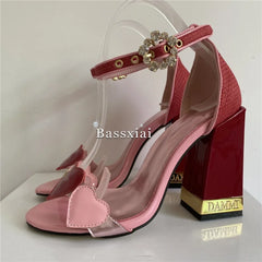 Sweet Love-heart One-Strap Sandals Women Letter Square Heel Open Toe Crystal Buckle Banquet Shoes For Girls Summer