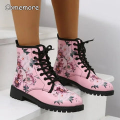 Comemore Spring 2025 Boots Leather Toe Lace-up Mid-tube Flat Pink Leather Boots Fashion Women's Low Heel Boot Shoes Plus Size 46