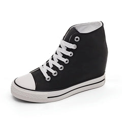 8cm High Heels Shoes Casual Canvas Shoes Platform Wedges High Top Ladies Hidden Wedge Heels Elevator Shoes